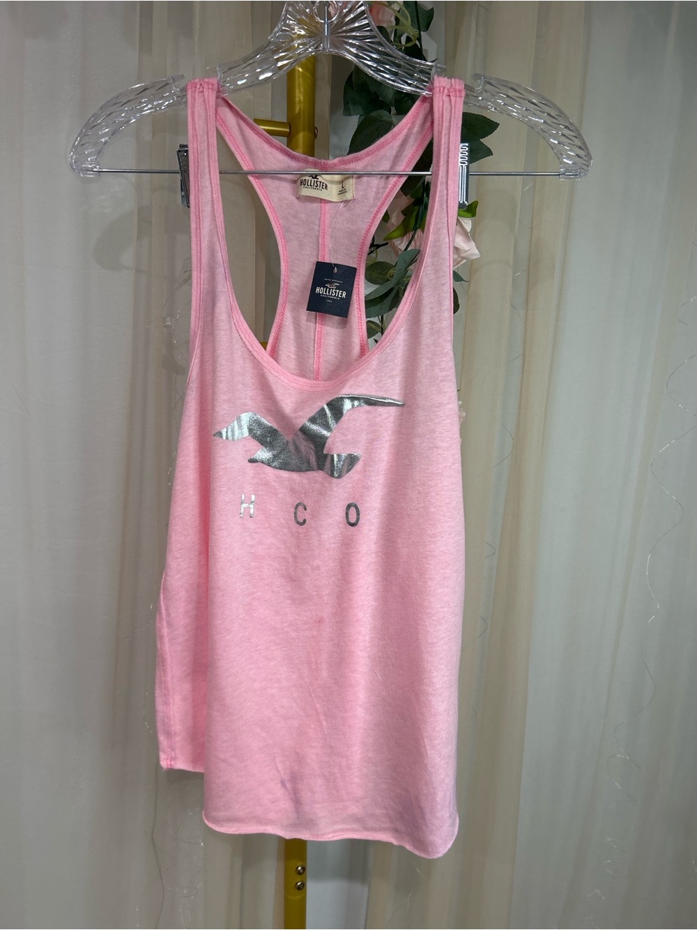 Hollister Pink Racerback Tank Top Large NWT Logo Graphic Casual Summer